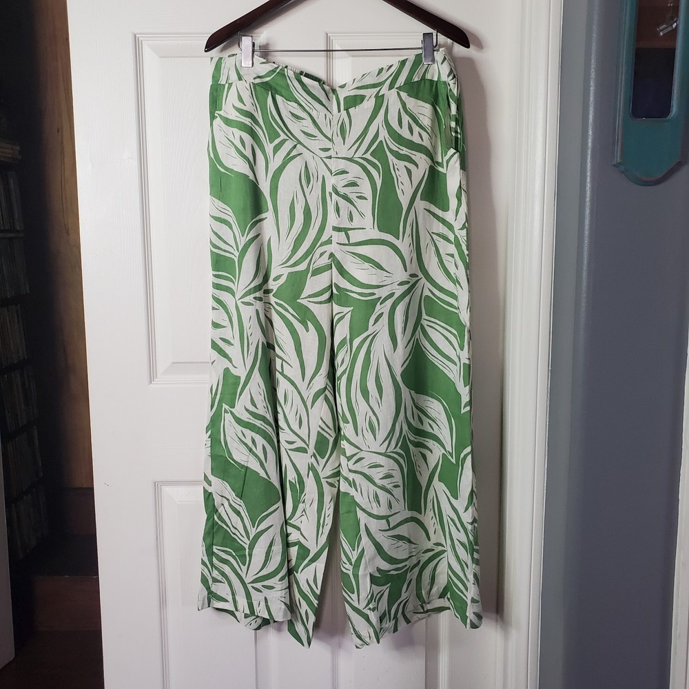 C&C Linen Blend Green Floral Tropical Wide-leg Pants Pull-on Elastic Waist Flowy